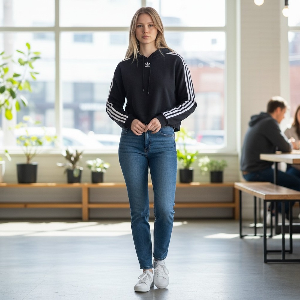 Adidas Originals Girls Black Cropped Hoodie 3-Stripe Trefoil Sweatshirt Size M